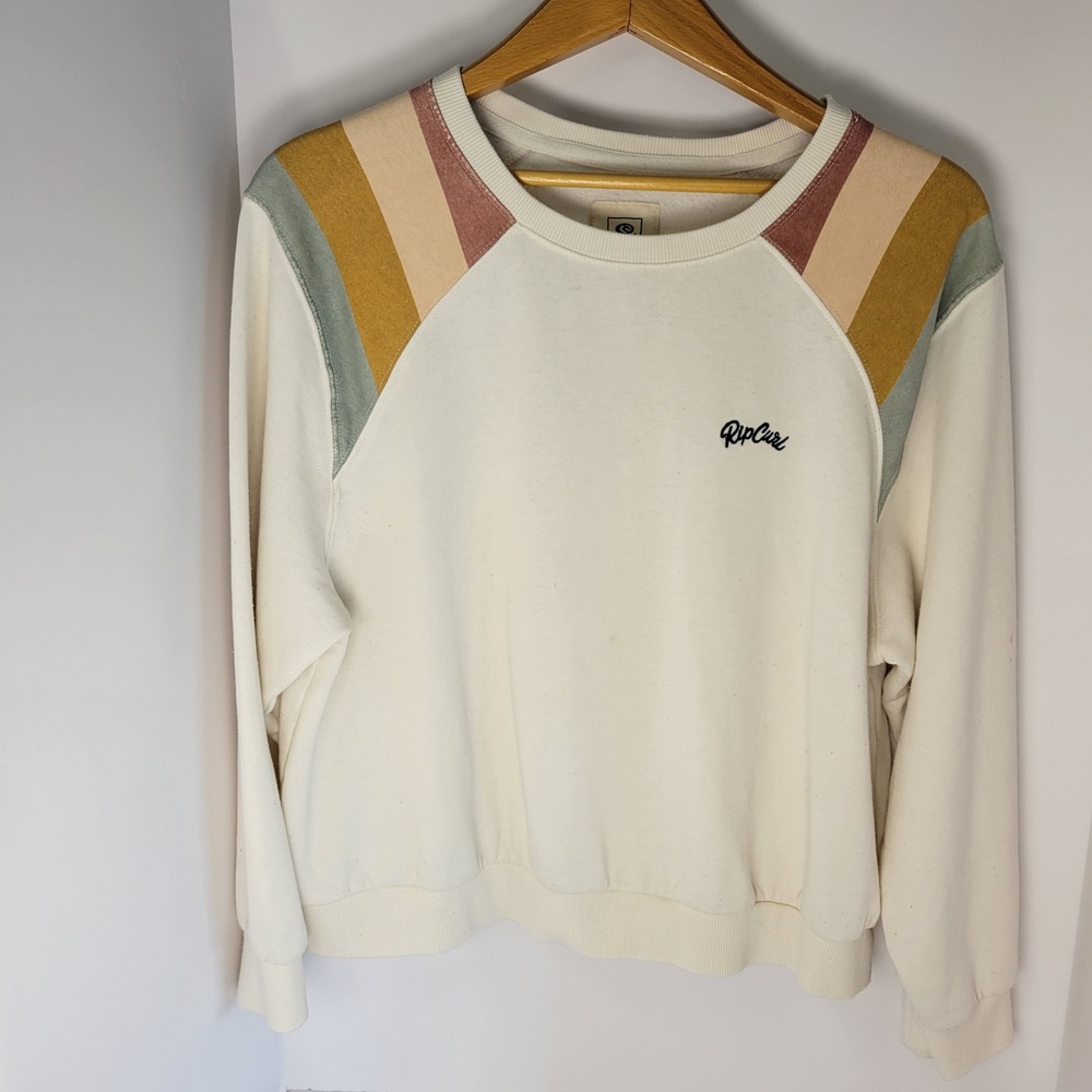 Rip Curl Womens Crewneck Sweatshirt Cream Rainbow Stripe Raglan Retro Surf